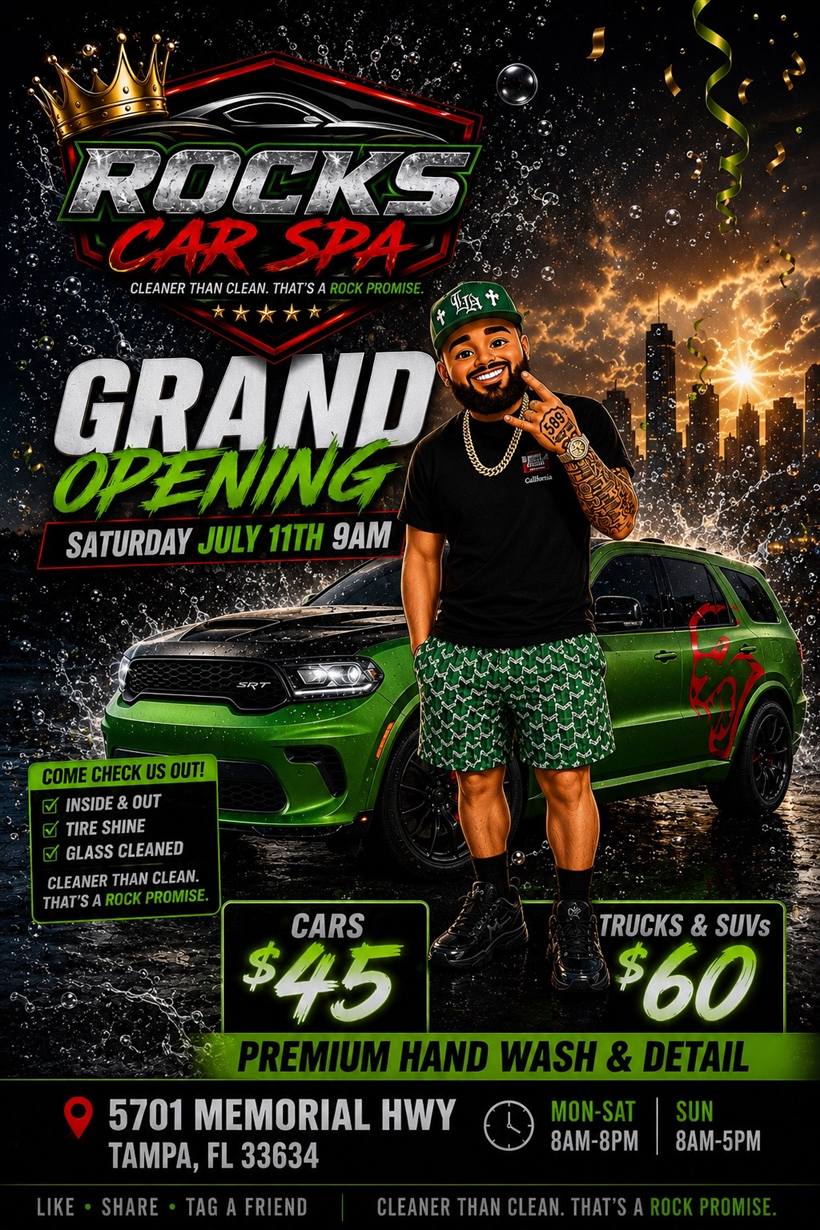 Rock's Car Spa grand opening flyer — Saturday July 11, 9AM, Cars $45, Trucks & SUVs $60, 5701 Memorial Hwy Tampa FL